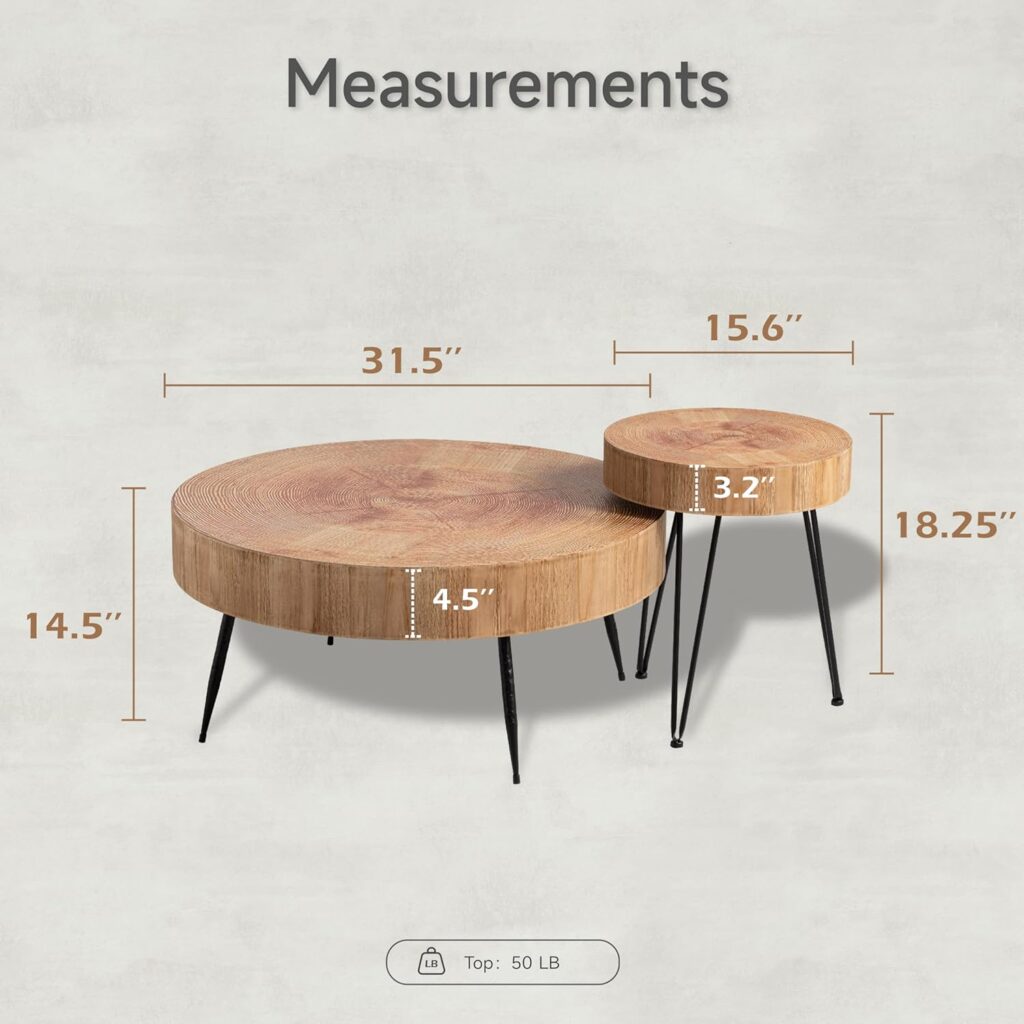 2-Piece Modern Farmhouse Living Room Coffee Table Set, Nesting Table Round Natural Finish with Handcrafted Wood Ring Motif, Wood Colour