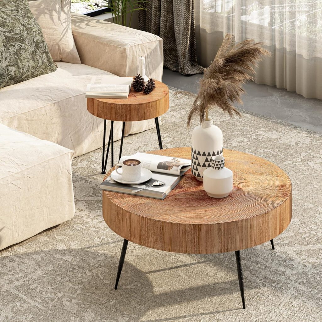 2-Piece Modern Farmhouse Living Room Coffee Table Set, Nesting Table Round Natural Finish with Handcrafted Wood Ring Motif, Wood Colour