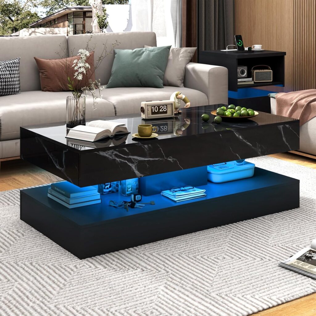 47inch Large High-Glossy LED Coffee Table with 2 Sliding Drawers, Living Room Storage Tables with Marbling Print, Modern Stylish Double-Layer Center Tables w/LED Lights, White