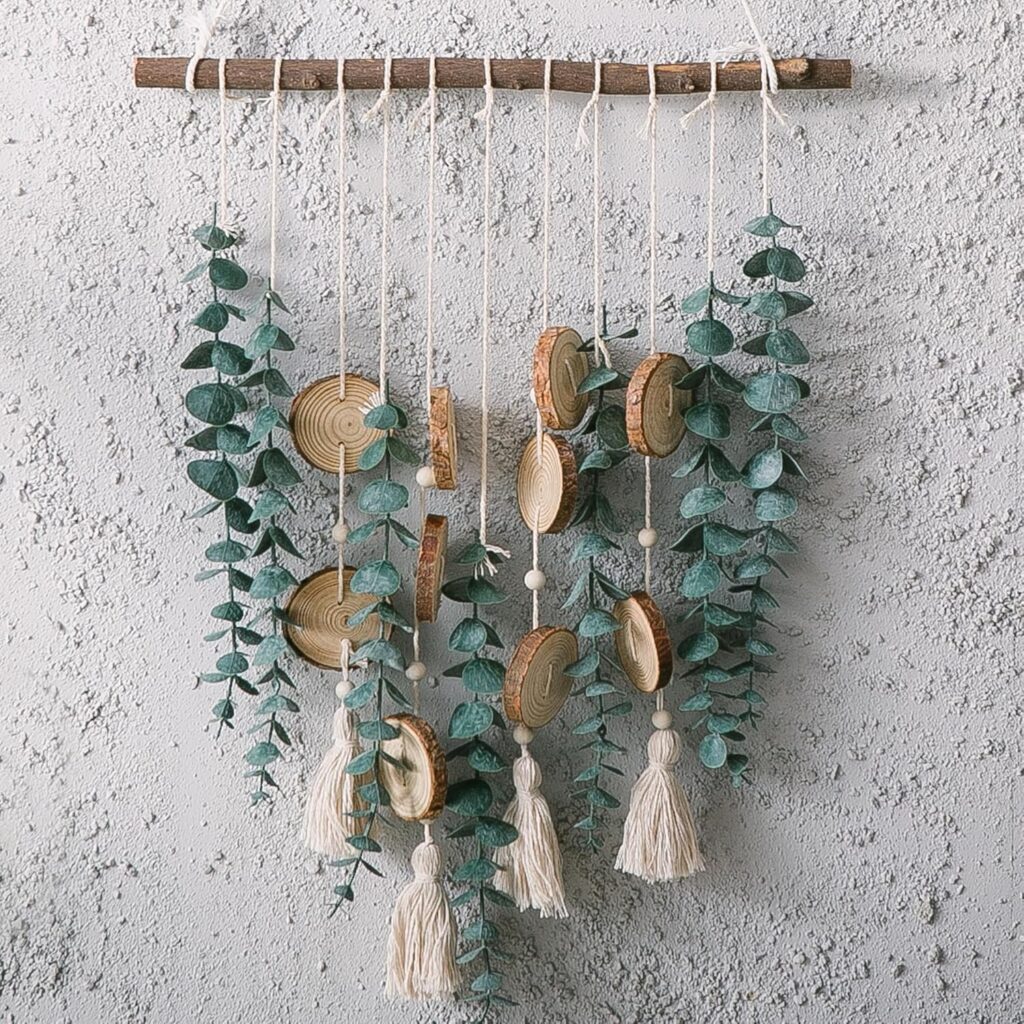 Artificial Eucalyptus Boho Wall Decor Aesthetic, Fake Greenery Leaves Stems Hanging Plants on 16 inch Wooden Stick, Rustic Farmhouse Home/Office Decor, Bathroom Wall Decor, Nursery Decor