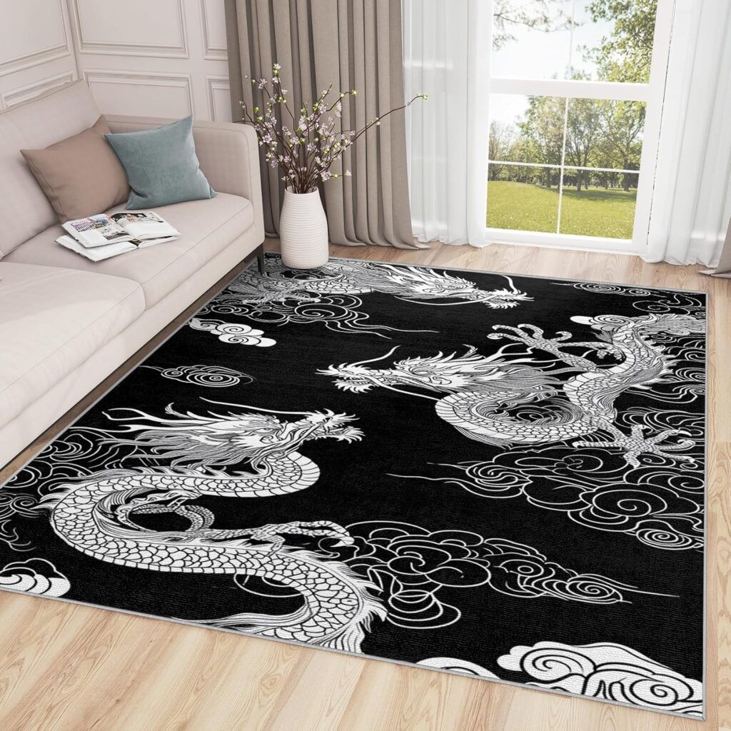 Japanese Dragon Decor - 6x9 Rug - Japanese Dragon Rug - Chinese Dragon Area Rug - Black and White Rugs - Asian Style Carpet - Home Decor