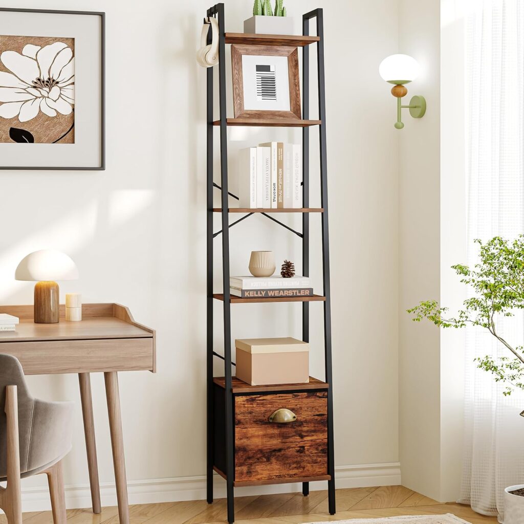 Narrow Bookshelf Bookcase with Drawer, Ladder Shelf with 2 Hooks, Bookshelves Storage Organizer, Freestanding Display Standing for Home Office, Bedroom, 6 Tier Rustic Brown BC19601B