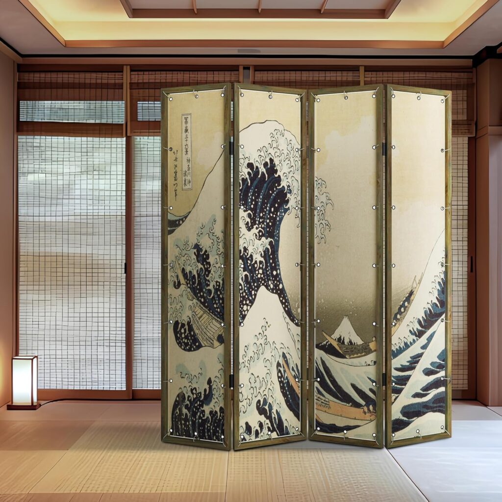 Room Divider 4 - Panel Folding Room Divider Single Side Japanese Ukiyoe Painting Wood Privacy Screens Foldable Portable Room Separating Room Partitions Freestanding Home Decor 71 High