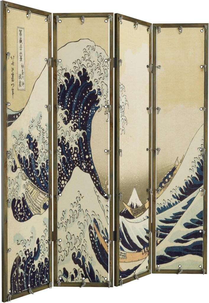 Room Divider 4 - Panel Folding Room Divider Single Side Japanese Ukiyoe Painting Wood Privacy Screens Foldable Portable Room Separating Room Partitions Freestanding Home Decor 71 High