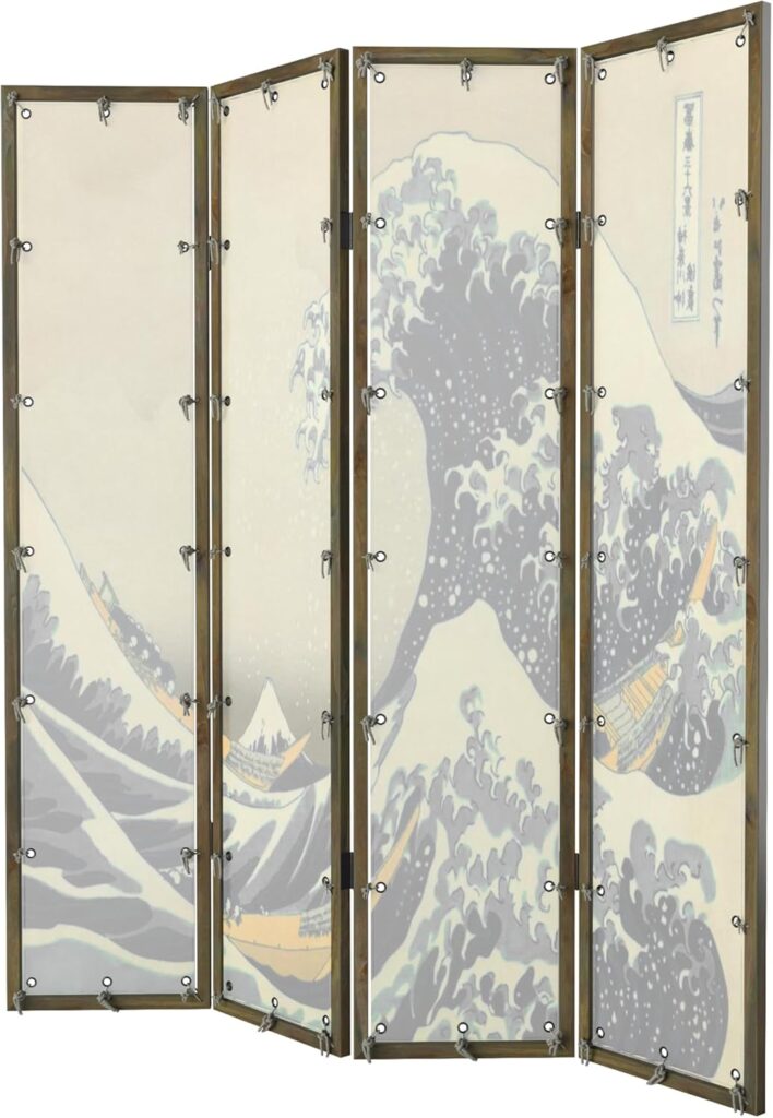 Room Divider 4 - Panel Folding Room Divider Single Side Japanese Ukiyoe Painting Wood Privacy Screens Foldable Portable Room Separating Room Partitions Freestanding Home Decor 71 High