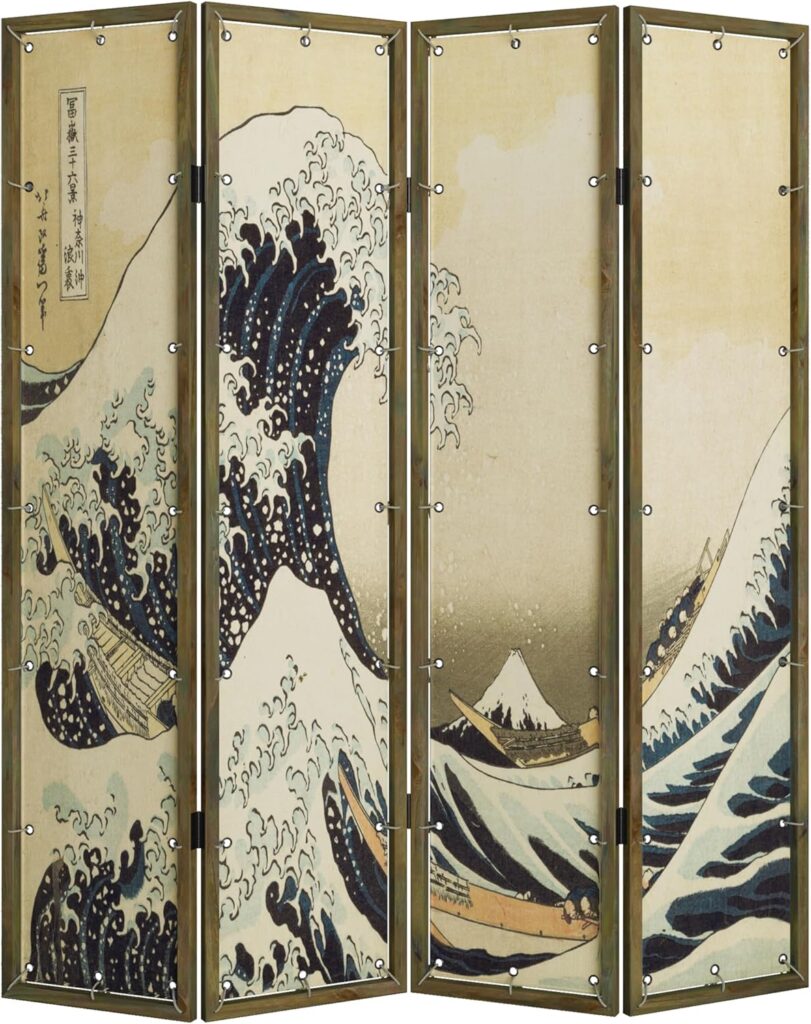 Room Divider 4 - Panel Folding Room Divider Single Side Japanese Ukiyoe Painting Wood Privacy Screens Foldable Portable Room Separating Room Partitions Freestanding Home Decor 71 High