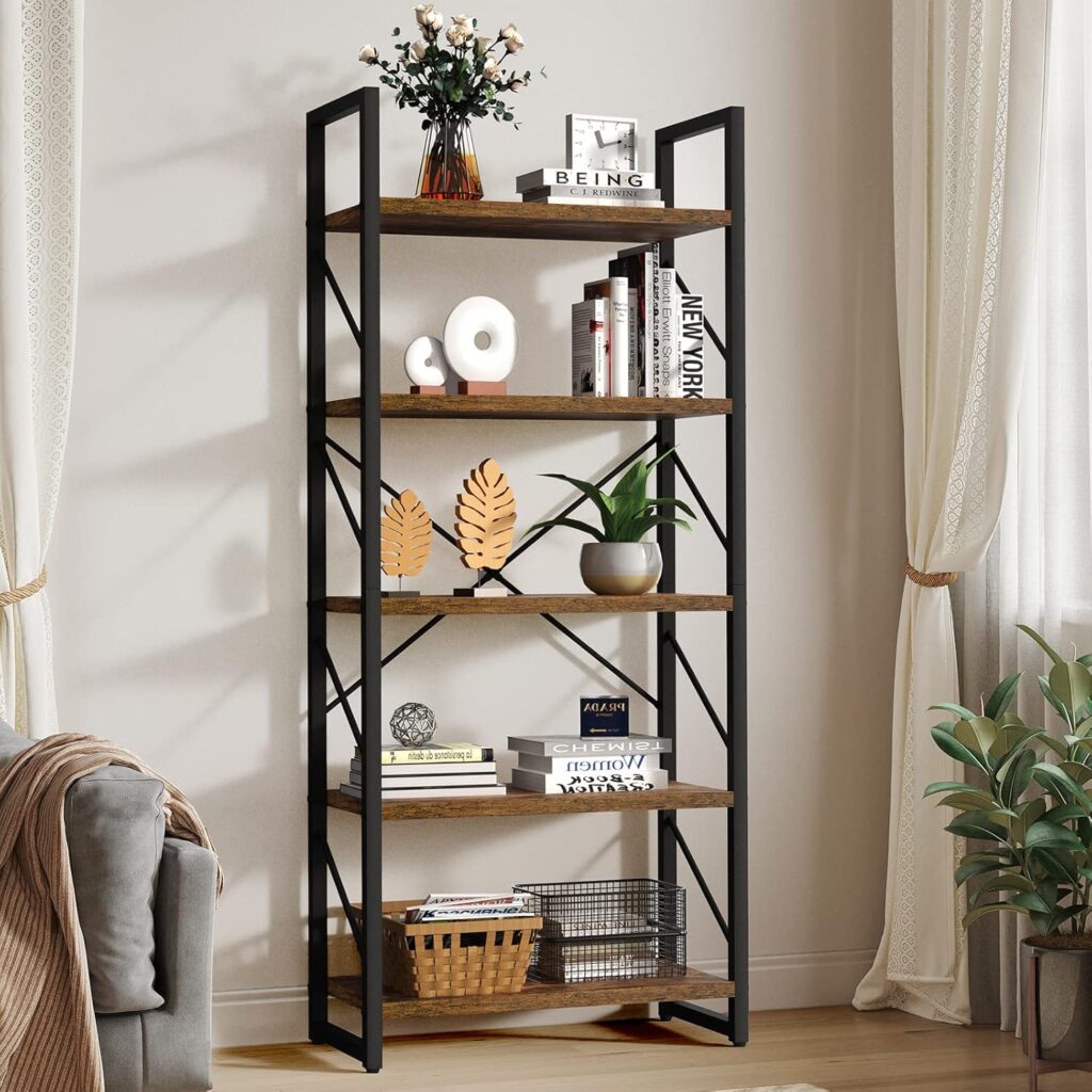 YITAHOME 5 Tiers Bookshelf, Artsy Modern Bookcase, Book Rack, Storage Rack Shelves Books Holder Organizer for Books/Movies in Living Room/Home/Office - Rustic Brown (FTOFBC-0016)