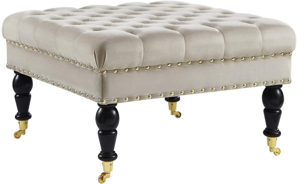 24KF Large Square Upholstered Tufted Button Velvet Ottoman Coffee Table, Large Footrest Bench with Golden Casters Rolling Wheels-Taupe/Golden