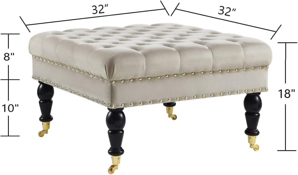 24KF Large Square Upholstered Tufted Button Velvet Ottoman Coffee Table, Large Footrest Bench with Golden Casters Rolling Wheels-Taupe/Golden