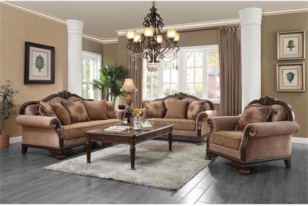 Acme Chateau De Ville Fabric Tufted Sofa with 5 Pillows in Espresso