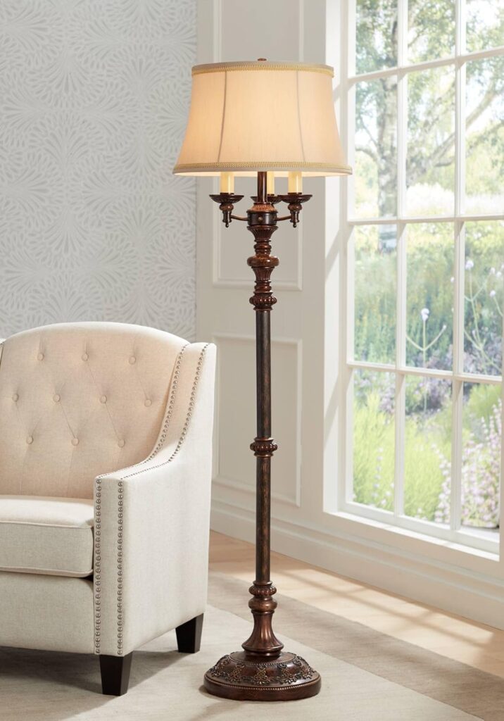 Barnes and Ivy Traditional Italian Standing Floor Lamp Candelabra Style 4-Light 64.5 Tall Bronze Brown Gold Bell Shade with Trim Decor for Living Room Reading House Bedroom Family Home