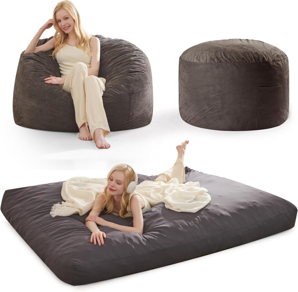 Bean Bag Chair - Beanbag Chair with Washable Suede Cover, Convertible Bean Bag Chairs for Adults from Lazy Chair to Floor Mattress, Giant Bean Bags for Home, Bedroom (Full, Charcoal)