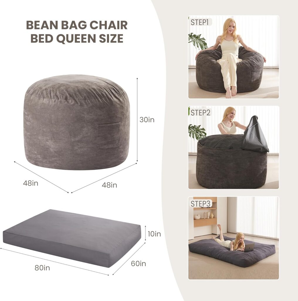 Bean Bag Chair - Beanbag Chair with Washable Suede Cover, Convertible Bean Bag Chairs for Adults from Lazy Chair to Floor Mattress, Giant Bean Bags for Home, Bedroom (Full, Charcoal)