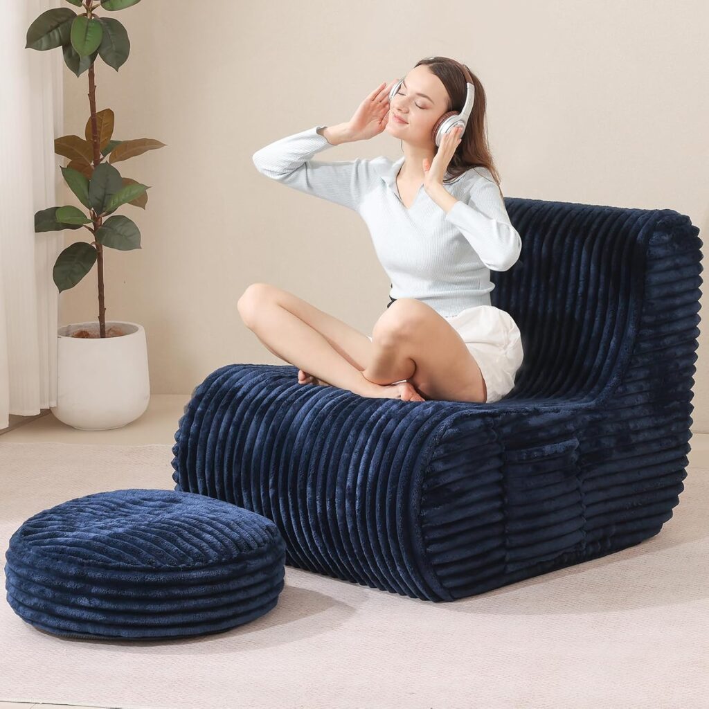 Big Bean Bag Chair with Ottoman,Back Support Soft Bean Bag Couch for Adults, High-Resilient Foam Filled Lazy Sofa Perfect for Living Room, Bedroom, Apartment(Navy)