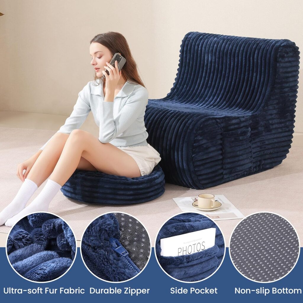 Big Bean Bag Chair with Ottoman,Back Support Soft Bean Bag Couch for Adults, High-Resilient Foam Filled Lazy Sofa Perfect for Living Room, Bedroom, Apartment(Navy)