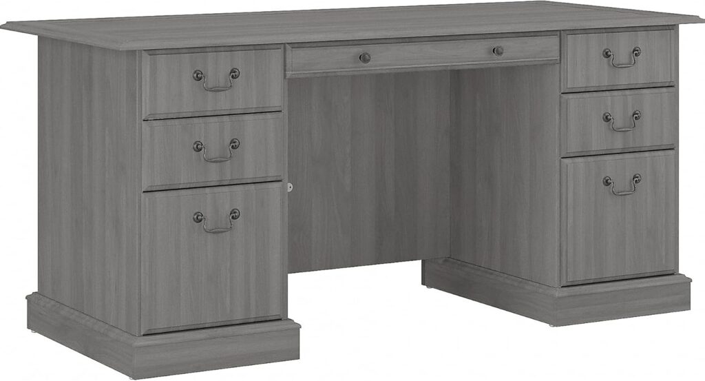 Bush Furniture Saratoga Executive Desk with Drawers in Linen White Oak