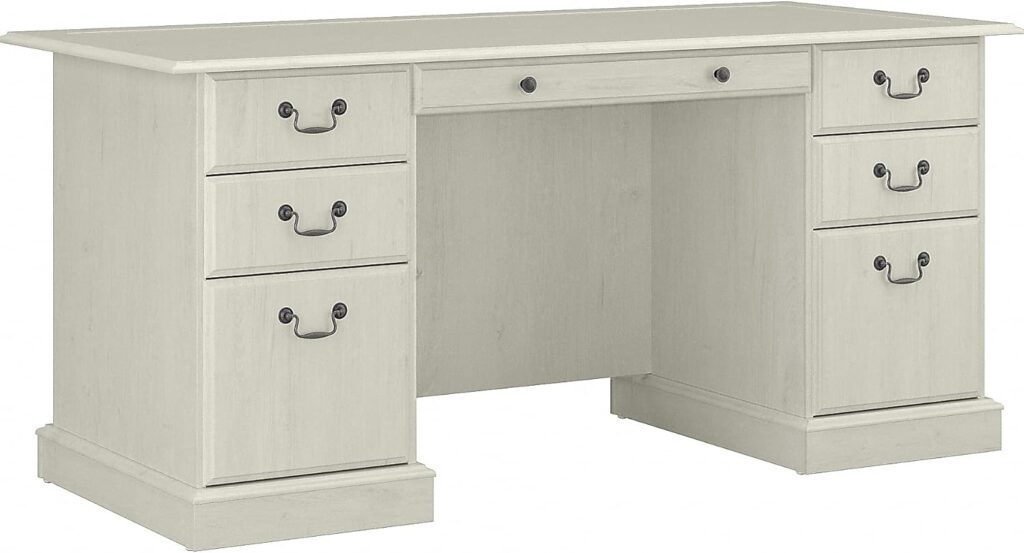 Bush Furniture Saratoga Executive Desk with Drawers in Linen White Oak