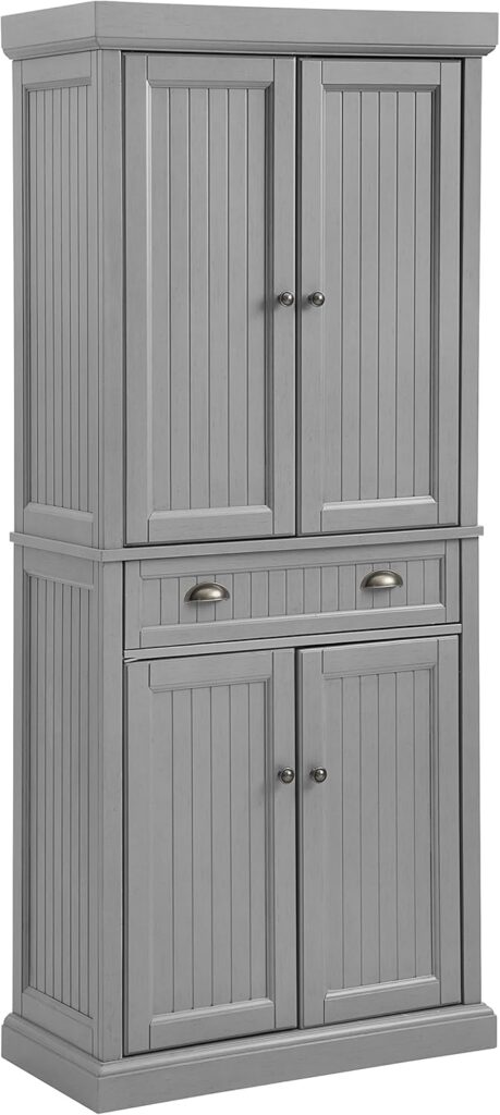 Crosley Furniture Seaside Coastal Pantry Storage Cabinet with Shelves, Kitchen, Dining, or Laundry Room, Distressed Gray