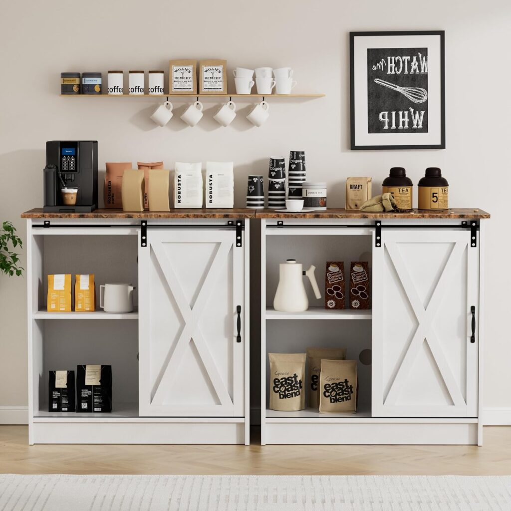 Farmhouse Coffee Bar Cabinet, Kitchen Sideboard Buffet Cabinet with Storage, White Coffee Bar Table with Sliding Barn Door for Kitchen, Dining Room, Living Room, Rustic Brown Top