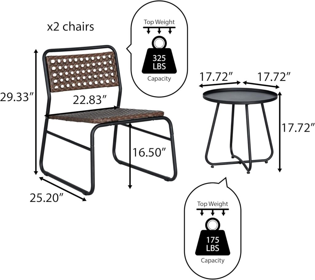 JONATHAN Y LVG1100B-3SET Freja 3-Piece Mid-Century Modern Faux Rattan Conversation Outdoor Patio Set Scandinavian, Classic, Transitional, Bohemian, Traditional, Black/Brown