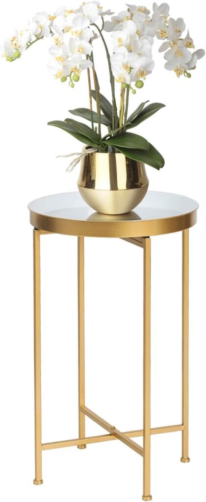 Joveco Round End Table Folding Gold Metal Side Tables Small Nightstand with Removable Tray/White- Accent Coffee Tables Sofa Table for Living Room Bedroom