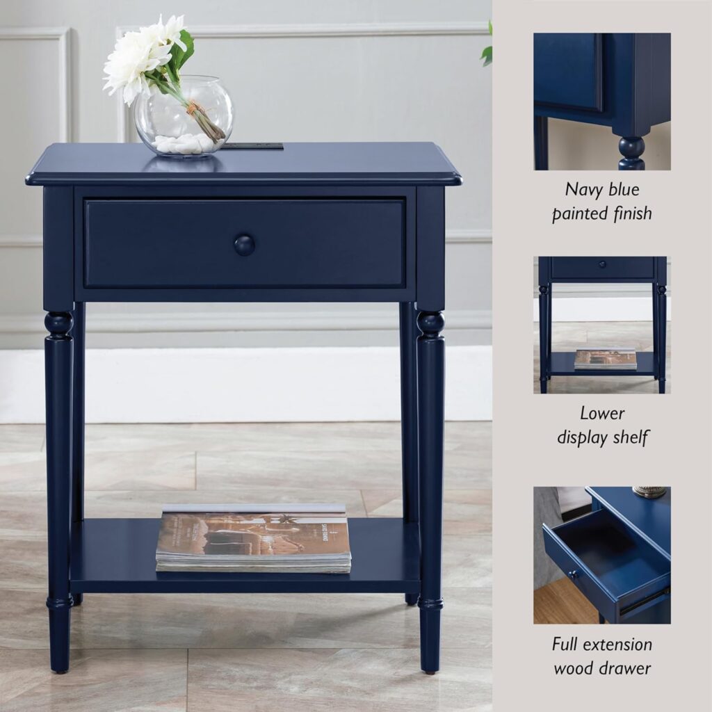 Leick Home 20022-NV Coastal Nightstand Side Table One Drawer Traditional USB-C Fast Charging Station, A/C and USB Charging Port Integrated Durable Solid Wood Living Room, Bedroom, Office, Navy Blue