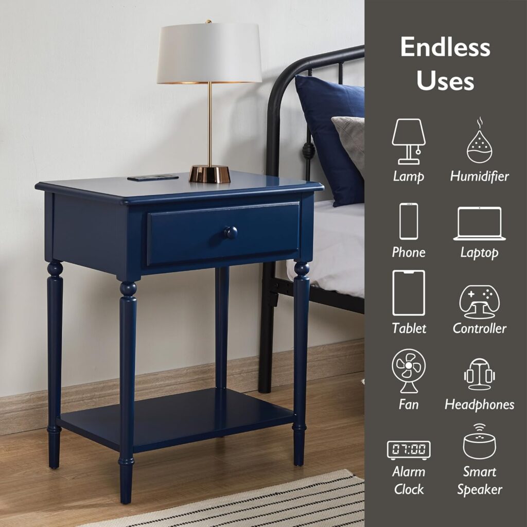 Leick Home 20022-NV Coastal Nightstand Side Table One Drawer Traditional USB-C Fast Charging Station, A/C and USB Charging Port Integrated Durable Solid Wood Living Room, Bedroom, Office, Navy Blue