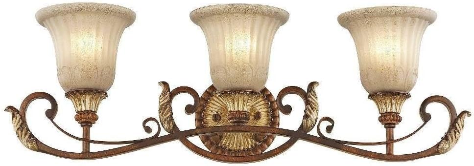 Livex Lighting 8553-63 Villa Verona 3 Light Verona Bronze Finish Vanity Bath with Aged Gold Leaf Accents and Rustic Art Glass