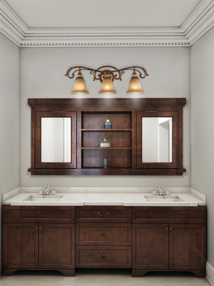 Livex Lighting 8553-63 Villa Verona 3 Light Verona Bronze Finish Vanity Bath with Aged Gold Leaf Accents and Rustic Art Glass