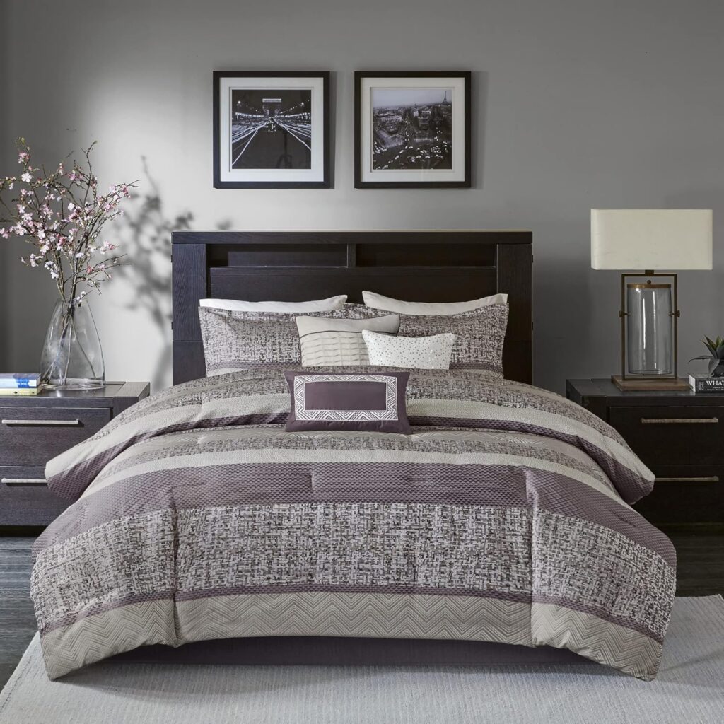 Madison Park Luxury Comforter Set-Traditional Jacquard Design, All Season Down Alternative Bedding, Matching Bedskirt, Decorative Pillows, Queen(90x90), Rhapsody, Striped Purple 7 Piece