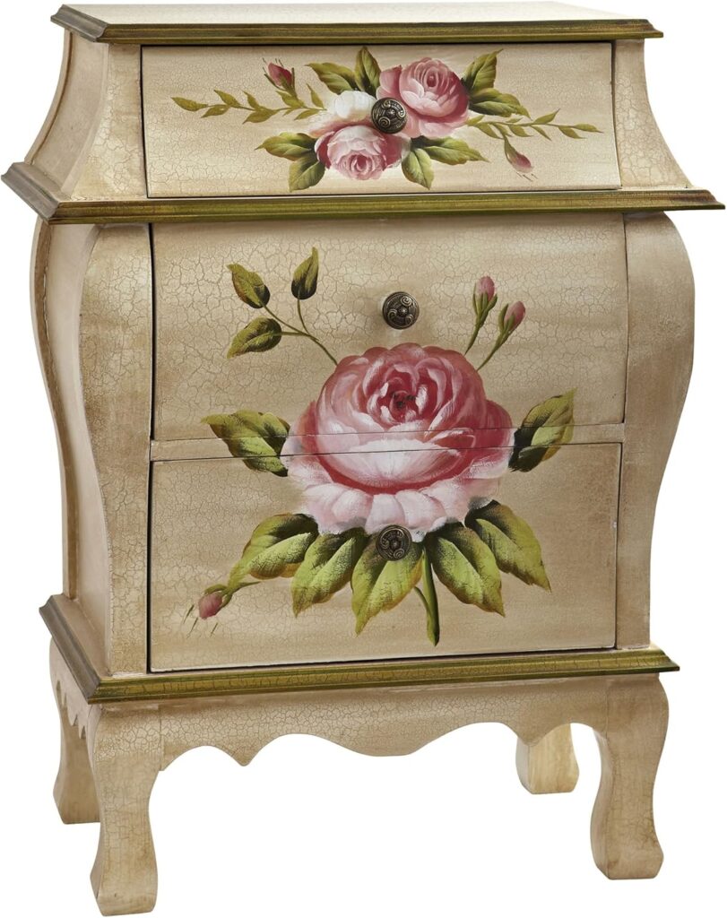 Nearly Natural Antique Night Stand w/Floral Art Nightstand, Beige/Pink/Gold,23 x 14.5 x 34.5