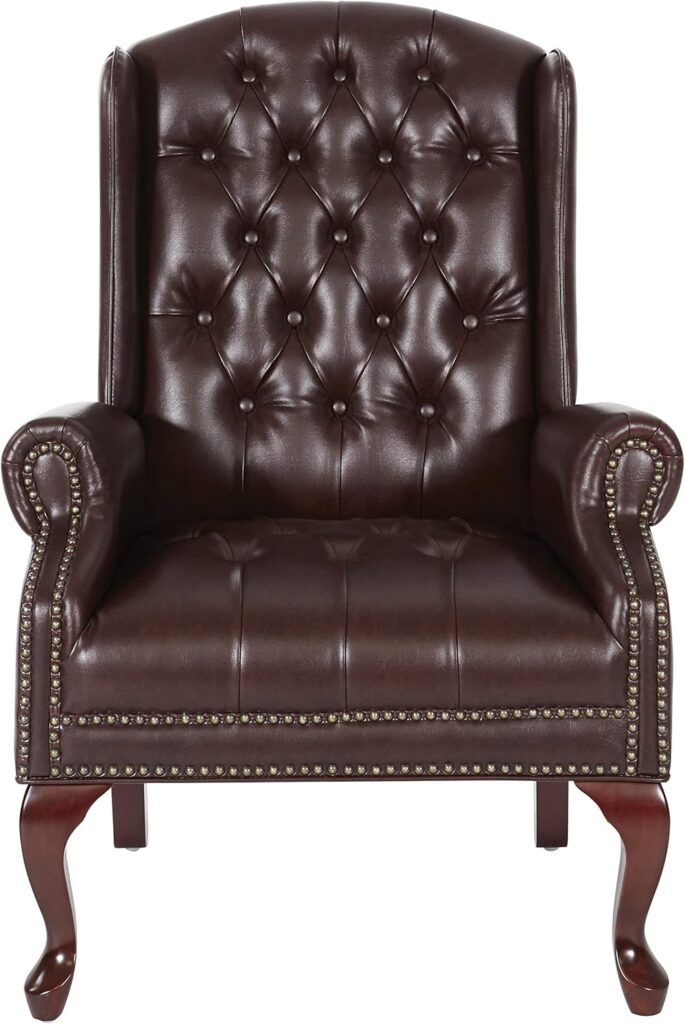 Office Star TEX Traditional Queen Anne Style Chair with Thick Padded Seat and Lumbar Support Back with Royal Cherry Finish Wood Legs, Jamestown Oxblood Vinyl