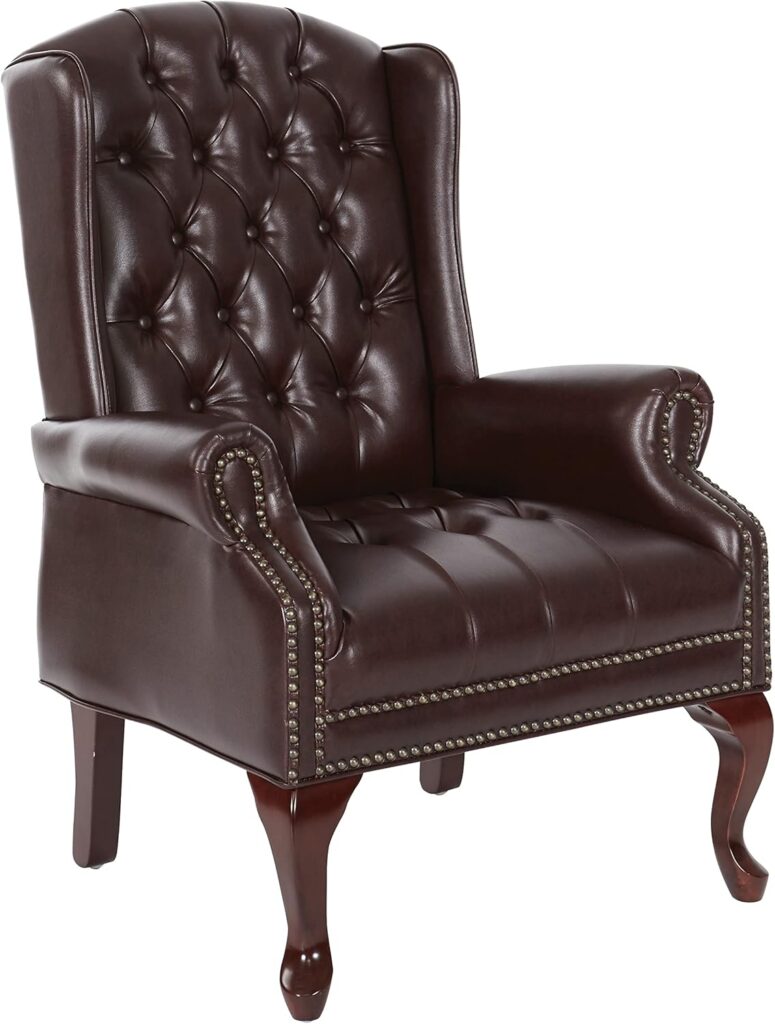 Office Star TEX Traditional Queen Anne Style Chair with Thick Padded Seat and Lumbar Support Back with Royal Cherry Finish Wood Legs, Jamestown Oxblood Vinyl