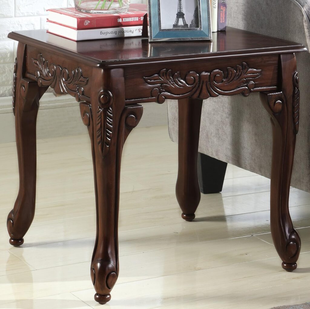 Roundhill Furniture Traditional Ornate Detailing Wood End Table, Dark Cherry