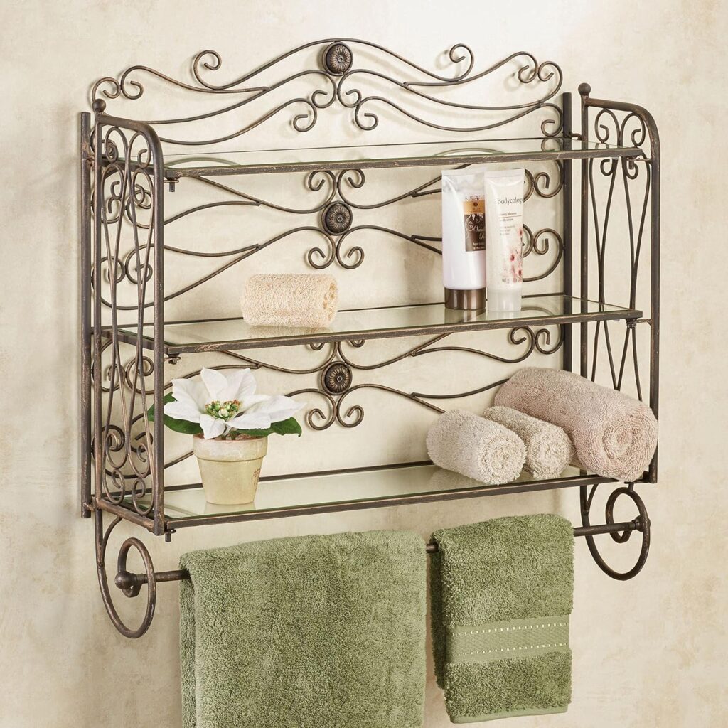 Touch of Class Kadalynn Wall Bathroom Shelf with Towel Bar - Antique Bronze - Handcrafted Metal - Decorative Storage - Mounted Rack Organizer - 3 Shelves - 24 Inches High