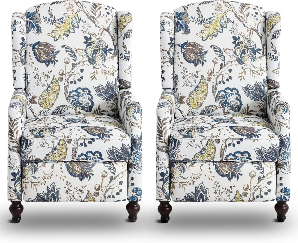 Upholstered Wingback Recliner Chair, Traditional Push Back Recliner with Padded Seat, Wingback Fabric Recliner Chair, Mid Century Modern Floral Recliner Chair for Living Room (2, Blue Floral)