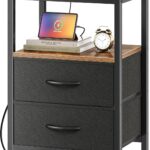Rustic-brown Huuger nightstand with black metal frame, open shelf and two dark fabric drawers
