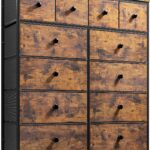 Romorgniz twelve-drawer fabric dresser with rustic-brown wood-look fronts, round black knobs and a black metal frame