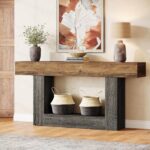 Tribesigns two-tier console table with a rustic-brown top and gray open base, shown with decorative accessories