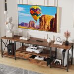 Rustic-brown TV console with dark X-shaped side supports, open shelves and two fabric drawers.