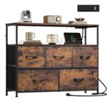 Archived brown WLIVE five-drawer fabric dresser with open shelf and power strip