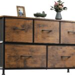 Low WLIVE five-drawer chest with rustic-brown wood-grain fronts and a black frame