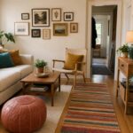 Colorful affordable boho living room with a cream sofa, braided chair, striped rug, rattan side table, plants, and layered textiles