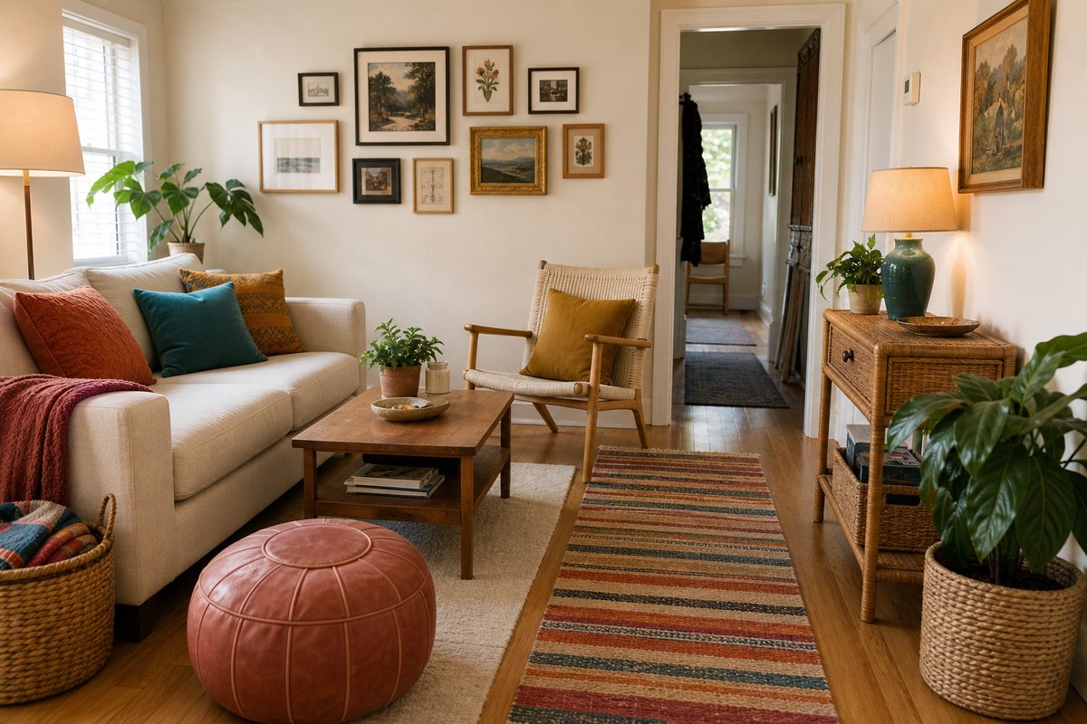 Colorful affordable boho living room with a cream sofa, braided chair, striped rug, rattan side table, plants, and layered textiles