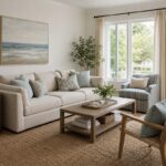 Relaxed modern coastal living room with a cream sofa, woven chairs, natural jute rug, fluted side table, bamboo-look mirror, and soft blue accents