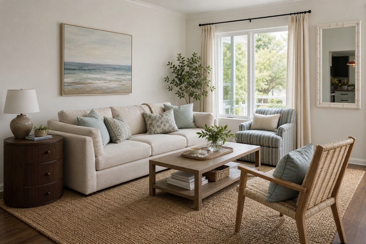 Relaxed modern coastal living room with a cream sofa, woven chairs, natural jute rug, fluted side table, bamboo-look mirror, and soft blue accents