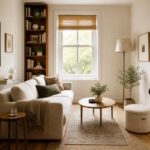Compact neutral living room with a slim clear console, vertical bookshelf, round tables, and a storage ottoman
