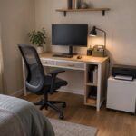 Warm minimalist home office in a small room with a compact wood desk, ergonomic chair, wall storage, lamp, and concealed cables