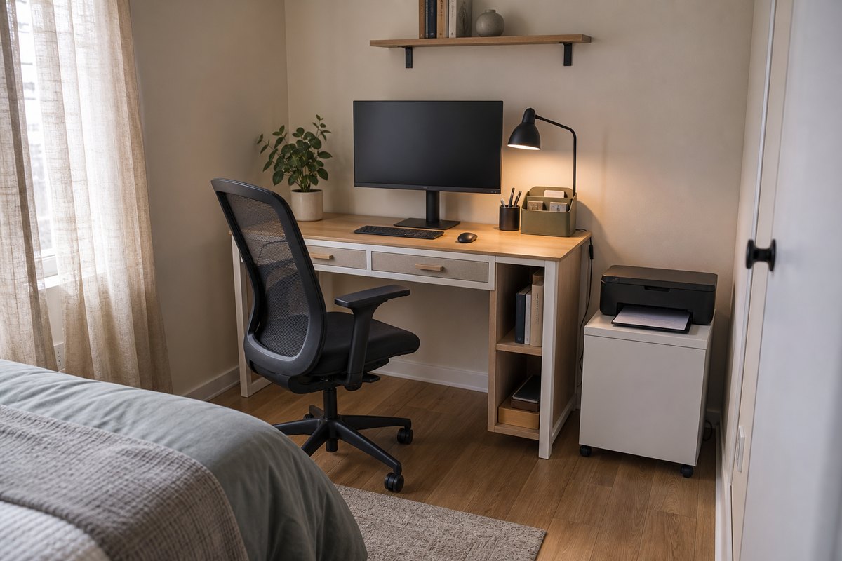 Warm minimalist home office in a small room with a compact wood desk, ergonomic chair, wall storage, lamp, and concealed cables