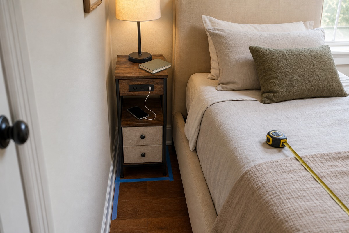 Narrow charging nightstand fitted between an upholstered bed and wall with its footprint marked for measurement